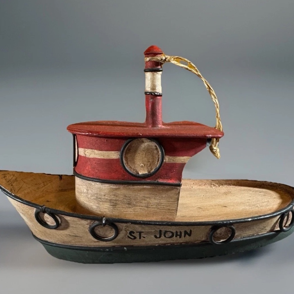 Vintage BOAT TREE ORNAMENT 7" Hand Painted Tin Pop Pop Boat St John Sea Ocean